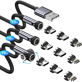 540° Rotation Magnetic Charging Cable, 3A Fast Charging Magnetic Phone Charger [3-Pack, 10FT] 3 in 1 Magnetic USB Cable Support Data Transfer Magnet Charger Cable for iPhone/Micro USB/Type C Device