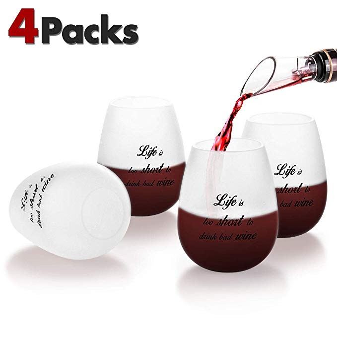 Silicone Wine Glasses Unbreakable 4 Pack - Life's Too Short To Drink Bad Wine- Food Grade Funny Durable Shatterproof Stemless Glasses Wine Beer Whiskey Cocktail for Camping, Travel, Beach, Pool Party