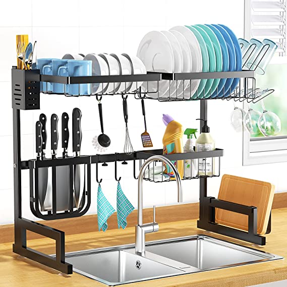 Over The Sink Dish Drying Rack, Upgraded BASSTOP Width Adjustable (25.6'' - 33.5'') Stainless Steel Above Sink Dish Rack Drainer Shelf with 2 Tiers for Kitchen Counter Organizer Space Saving