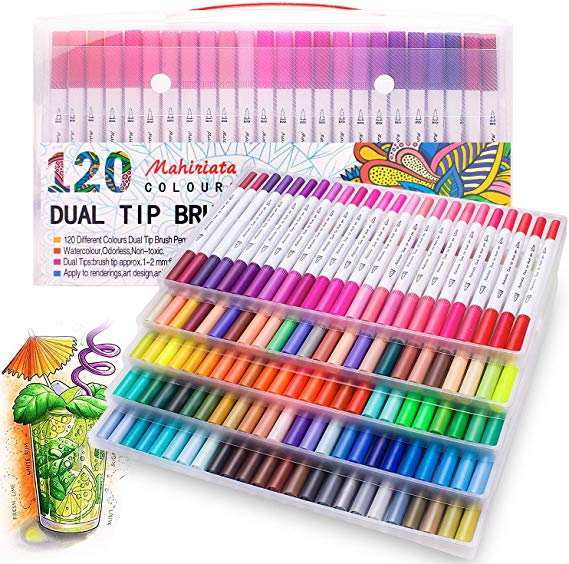 120 Colours Marker Pen Set Dual Tips Art Markers WaterColour Brush Pens for Kids Adults Drawing, Sketching, Highlighting & Underlining