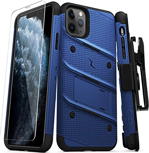 ZIZO Bolt Series iPhone 11 Pro Case - Heavy-Duty Military-Grade Drop Protection w/Kickstand Included Belt Clip Holster Tempered Glass Lanyard - Blue