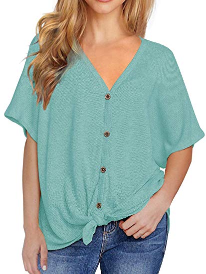 Viishow Womens Waffle Knit Tunic Blouse Short Sleeve V Neck Button Down T Shirts Casual Tie Front Knot Henley Tops