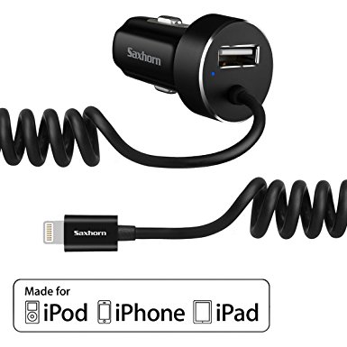 Saxhorn 4.8A Lightning iPhone Car Charger for Apple iPhone 6S, 6S Plus, SE, 6, 5, 5S, 5, iPad – Black