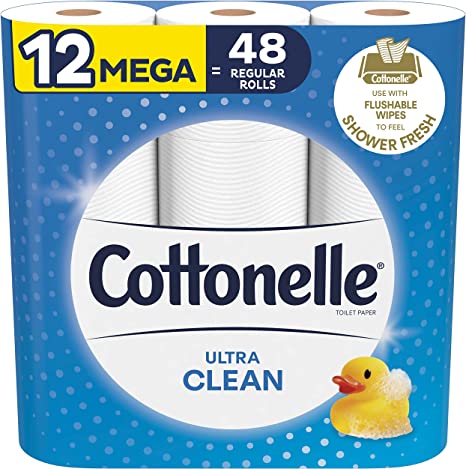 Cottonelle Ultra Clean Toilet Paper, Strong Bath Tissue, 12 Mega Rolls (Equals 48 Regular Rolls)