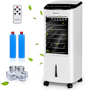 COSTWAY Portable Evaporative Air Cooler for Room, Remote Control, 3-Mode, 7.5H Timer, Include Ice Crystal Boxes, Casters and Water Tank, Bladeless Swamp Cooler for Home Office, Indoor Use, White