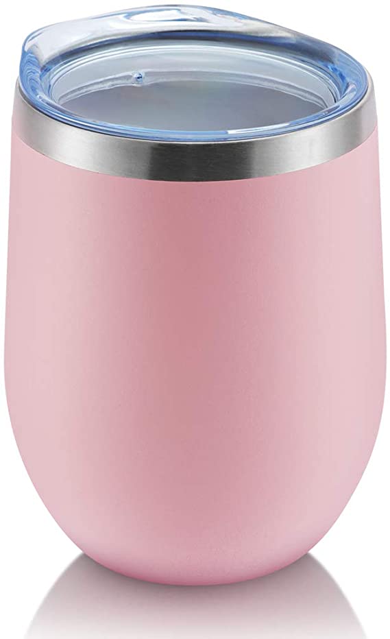 DOMICARE Insulated Wine Tumbler with Lid (1 Pack, Pink) - 12 OZ Stemless Double Wall Vacuum Traval Mug - Keeping Cold & Hot for Wine, Coffee, Cocktails, Drinks