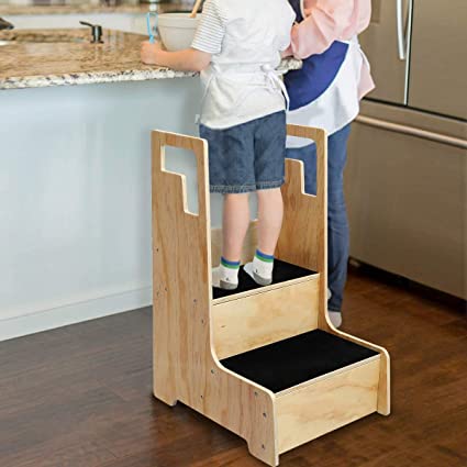 KINGSO Kitchen Helper Stool for Kids, Toddler Step Stool, Wood Step Stool with Support Handles and Non-Slip Mat, Two Step Counter Height Kids Step Stool, Natural Finish