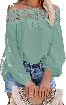 Asvivid Womens Swiss Polka Printed Smocked Off The Shoulder Tops Summer Flared Bell Sleeve Chiffon Blouses T-Shirt