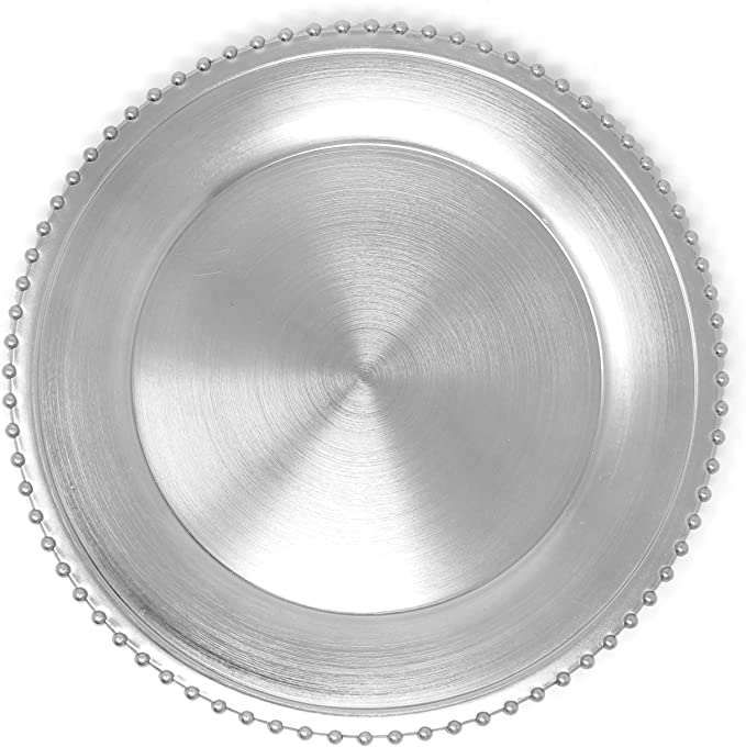 Metallic Foil Charger Plates with Beaded Rim - Set of 6 - Made of Plastic - Silver
