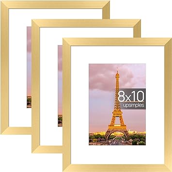 upsimples 8x10 Picture Frame Set of 3, Made of High Definition Glass for 5x7 with Mat or 8x10 Without Mat, Wall and Tabletop Display Photo Frames, Gold