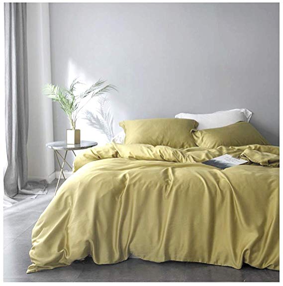 Solid Color Egyptian Cotton Duvet Cover Luxury Bedding Set High Thread Count Long Staple Sateen Weave Silky Soft Breathable Pima Quality Bed Linen (Queen, Chartreuse Mist)