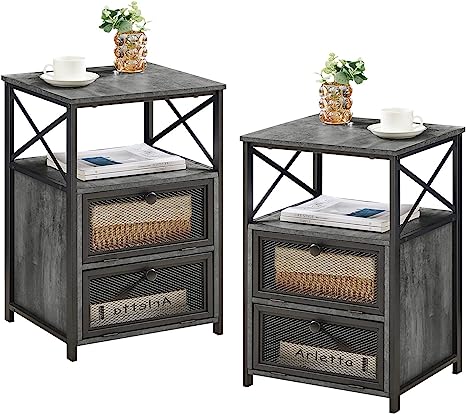 VECELO Nightstand, End Table with flip Drawer, Night Stand for Bedroom Living Room Office, Easy Assembly, Charcoal Grey, Set of 2