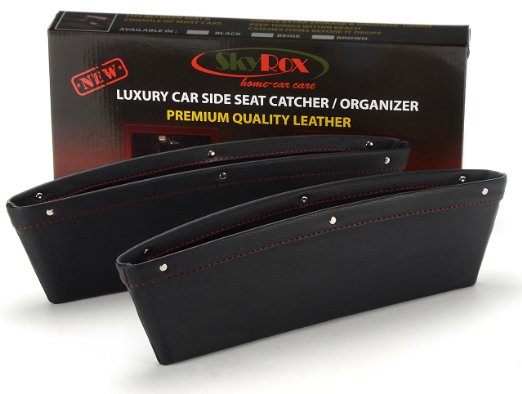 Leather Car Seat Catcher Caddy- Gap Filler and Side Pocket Organizer in Between Front Seats and Console - Premium Quality PU Leather Interior Accessories and Storage - Stop Before it Drop 2PcsBlack