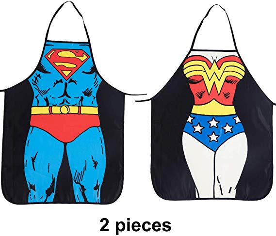 Cycorld Funny Novelty Apron Christmas Sexy Kitchen Gift Xmas Cooking BBQ Party Apron for Men and Women Gift (2pcs Superman   Wonder Woman Aprons)