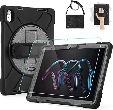 XCSOURCE Compatible with iPad 10th Generation Case Tempered Glass Screen Protector, Three Layer Drop Protection Case with 360 Rotating Stand for iPad 2022 10.9 inch, Hand/Shoulder Strap - Black