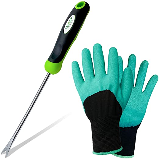 Tenozek Weed Puller with Garden Gloves -Stainless Steel Hand Weeder Tool with Ergonomic Handle Manual Weeding Removel Tools for Planting, Flower and Vegetable Care in Lawn Garden Yard