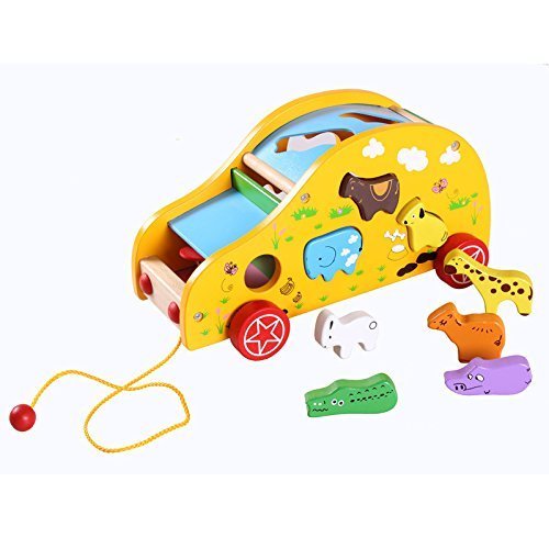 Vidatoy Colorful Wooden Wisdom Animal Trailer With Animal Shape Matching Toys For Children
