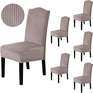 H.VERSAILTEX Velvet Dining Chair Covers Stretch Chair Covers for Dining Room Set of 6 Parson Chair Slipcovers Chair Protectors Covers Dining, Soft Thick Solid Velvet Fabric Washable, Taupe Striped