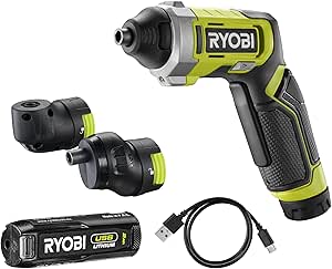 RYOBI 4 V USB Akku-Schrauber RSD4-120TA2 (Drehmoment 5 Nm, 2x Winkelaufsätze, Werkzeugaufnahme 1/4” Hex, 10-tlg. Zubehör, inkl. 1x 2,0Ah Wechselakku und USB-C Ladekabel in Reißverschlussetui)