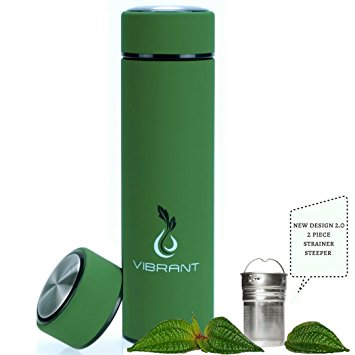 VIBRANT ALL IN ONE Travel Mug - TEA INFUSER Bottle - Insulated HOT COFFEE THERMOS - Cold FRUIT INFUSED Water Flask - Food grade LEAK PROOF Tumbler Double wall Stainless Steel 16.9 oz