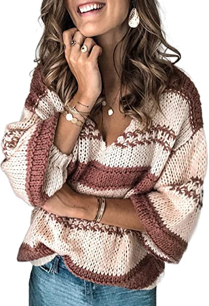 FARYSAYS Women's Color Block Sweater V Neck Long Sleeve Casual Loose Pullover Knit Jumper Tops