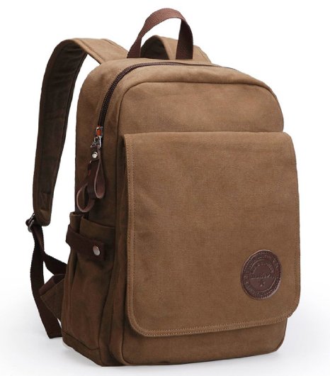 Canvas Laptop Backpack Shoulder Bag - College Outdoor - Fit 15 Laptop Brown