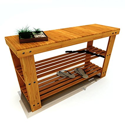 Ufine Bamboo Wood Shoe Bench 2 Tiers Entryway Shoe Storage Rack Shelf Organizer Bench Seat (27.5 x 11 x 17.7 inch)