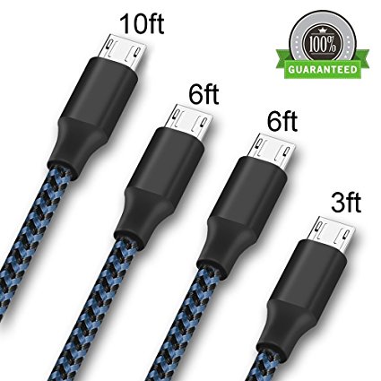 ONSON Micro USB Cable,4Pack 3FT/6FT/6FT/10FT Long Premium Nylon Braided Android Charger USB to Micro USB Charging Cable Samsung Charger Cord for Samsung Galaxy S7 Edge/S7/S6/S4/S3,Note 5/4/3 (Blue)