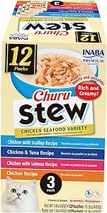 INABA Churu Stew for Cats, Broth Gelée with Shredded Chicken Side Dish Pouch with Vitamin E, 1.4 Ounces per Pouch, 12 Pouches, Chicken & Seafood Variety