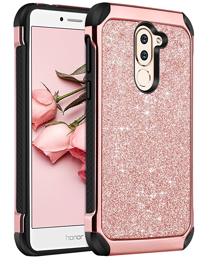 Honor 6X Case, Huawei GR5 2017 Case, BENTOBEN 2 in 1 Luxury Glitter Bling Hybrid Slim Hard PC Cover with Sparkle Shiny Faux Leather Chrome Shockproof Protective Case for Huawei Honor 6X 2017 Rose Gold