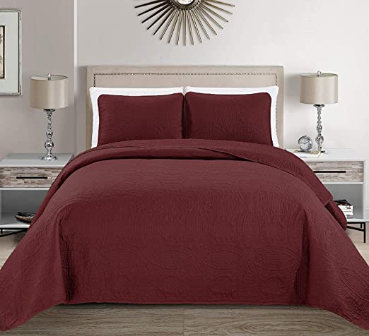 MK Home 2 pieces Twin/ Twin Extra Long Size Solid Burgundy Embossed Bedspread Cover 68"x 90" New