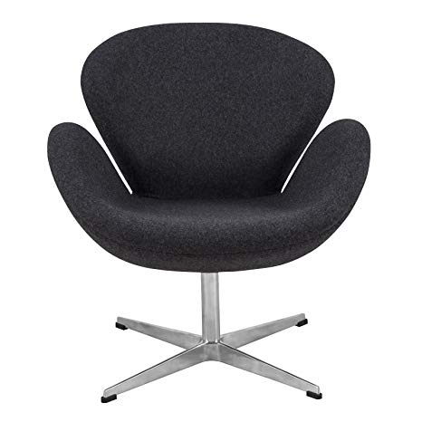 LeisureMod Swan Mid-Century Modern Living Room Accent Side Lounge Upholstered Armchair (Dark Grey Wool)