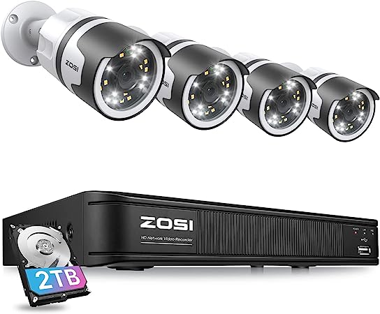 ZOSI 8 Channel 5MP PoE NVR Security Camera System, 4 x Wired 5MP(3K) Bullet PoE IP Cameras Outdoor with Spotlights and 2-Way Talk, Human Detection, Sound & Light Alarm, 2TB HDD for 24/7 Recording