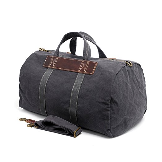 Vesgantti Leather Canvas Extra Large Capacity Holdall, Travel Duffle, Travel Bag, Carry-on Baggage with Adjustable and Detachable Shoulder Strap, Size: XL--57x30x28cm (Deep Gray)