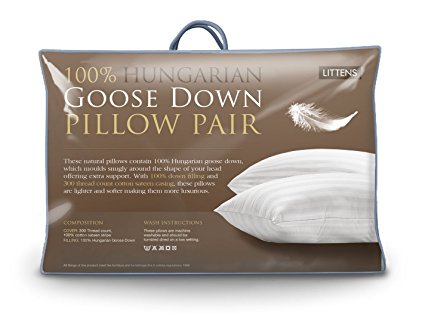 Littens Luxury 100% Pure Hungarian Goose Down Pillows Pair 300TC Cotton Sateen Casing