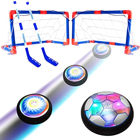 3-in-1 Hover Hockey Football Ball Kids Toys Set USB Rechargeable and Battery Hockey Floating Air Soccer Ball with Led Light/Foam Bumper, 2 Goals for 3-12 Years Old Boy Girl Indoor/Outdoor Games