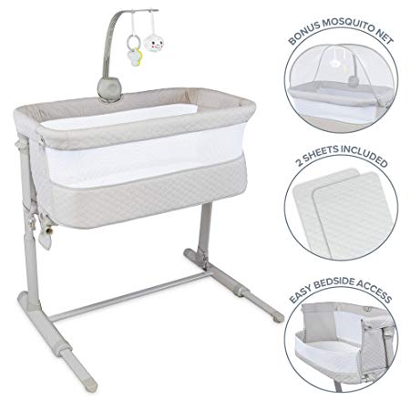 Lil’ Jumbl Baby Bedside Bassinet | Standalone Crib & Co Sleeper Combo for Infants 0-6 Months | Adjustable Height, Mattress, 2 Sheets, Net Canopy & Music Box Mobile with Toys | Attaches to Bed or Sofa