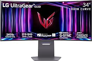 LG 34GS95QE 34-inch Ultragear OLED Curved Gaming Monitor WQHD 800R 240Hz 0.03ms DisplayHDR True Black 400 AMD FreeSync Premium Pro NVIDIA G-Sync HDMI 2.1 DisplayPort Tilt/Height/Swivel Stand Black