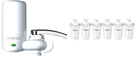 Brita 7540545 On Tap Faucet Water Filter System, Pack of 1, White w/Indicator & 35557 Replacement Filters for Pitchers and Dispensers, 6 Count