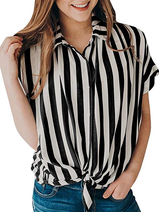 Ivay Women's Striped Button up Front Tie Shirt Casual Summer Loose Short Sleeve Tops