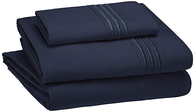 AmazonBasics Premium Embroidered Hotel Stitch Microfiber Sheet Set - Twin XL, Navy Blue