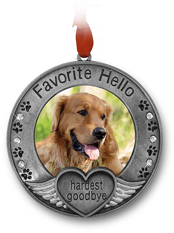 Pet Memorial Ornament - Picture Ornament for a Pet - Engraved with the Saying Favorite Hello, Hardest Goodbye - Pet Remembrance