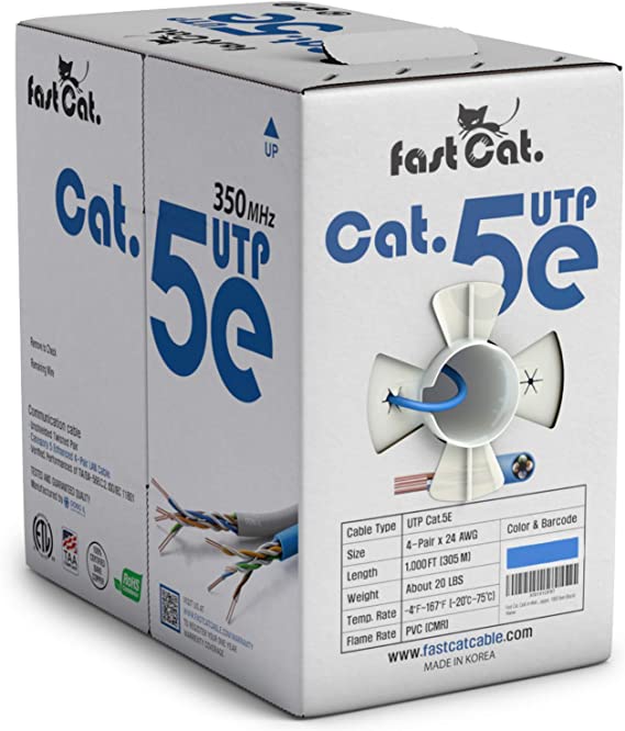 fast Cat. Cat5e Ethernet Cable 1000ft - Insulated Bare Copper Wire Internet Cable with FastReel - 350MHZ / Gigabit Speed UTP LAN Cable - CMR (Blue)