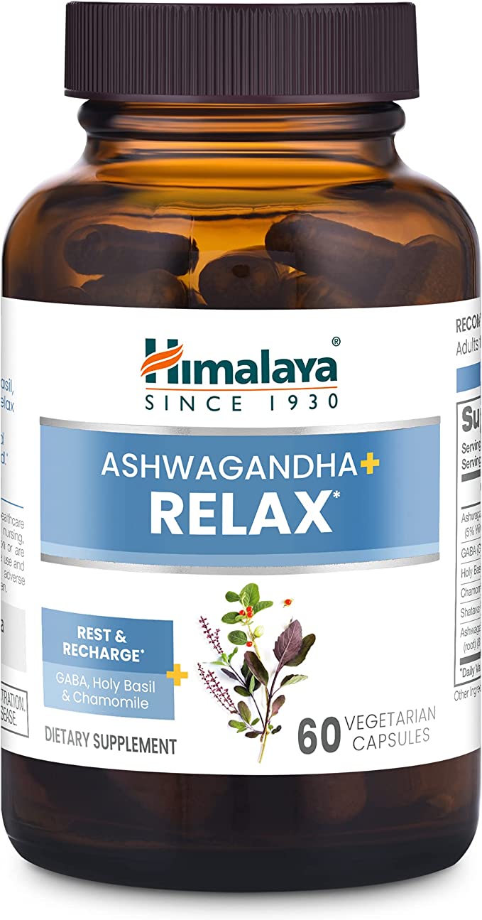 Himalaya Ashwagandha  Relax, with GABA, Holy Basil & Chamomile for Reset, Relaxation & Stress Relief, Vegan, Gluten-Free, 540 mg, 60 Vegetarian Capsules, 1 Month Supply