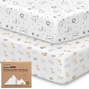 2-Pack Pack and Play Sheets, Waterproof Mini Crib Sheets Fitted - Organic Cotton Pack N Play Sheets for Graco Pack and Play Mattress, Playard Baby Crib Sheets, Neutral for Boy,Girl,Toddler (KeaSafari)