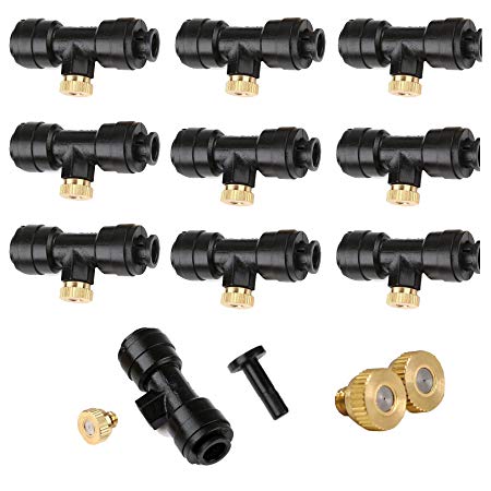 Yotako Misting Nozzles Kit 12x Brass Mister Nozzles 0.3mm 10/24 UNC  10x 1/4'' Slip-Lok Misting Nozzle Tees  1x Plug, Fog Nozzles for Patio Misting System Outdoor Cooling System Garden Water Mister