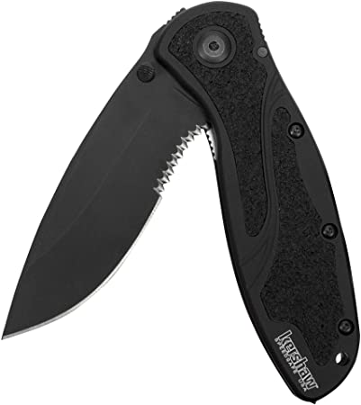 Kershaw Blur, Glassbreaker Folding Knife (1670BGBBLKST); Partially Serrated 3.4” 14C28N Steel Blade, Anodized Aluminum Handle with Trac-Tec Grip, Glassbreaker Tip, SpeedSafe Opening, Pocketclip;4 OZ.