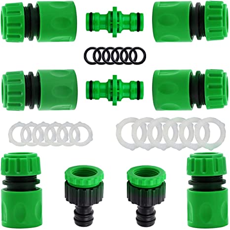 10 Pack ABS Garden Hose Tap Connector Kit for Join Garden Hose Pipe Tube(2 Double Male Connector,6 Hose 1/2" End Quick Connect,2 Hose Tap Connector 1/2 Inch(21mm) and 3/4 Inch (26.5mm) Size 2-in-1)