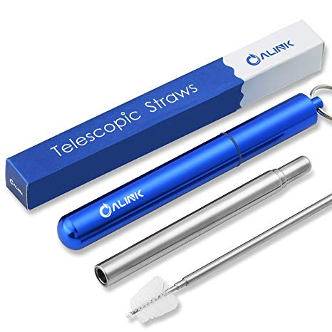 ALINK Reusable Portable Collapsible Straws, Telescopic Foldable Stainless Steel Metal Straws with Blue Case and Cleaning Brush