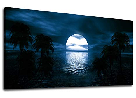 Canvas Wall Art Moon on Sea Ocean Night View Panoramic Blue Seascape Scenery Painting - Long Canvas Artwork Contemporary Nature Picture for Home Office Wall Decor 20" x 40"